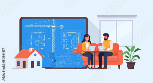 Two people collaborate on architectural plans for a house project