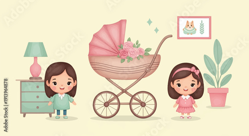 Two cute cartoon girls with a vintage baby carriage and home decor