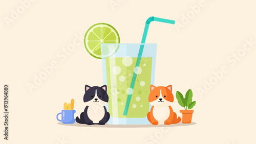 Two cute cartoon dogs sit near a lime drink, fries, and a potted plant