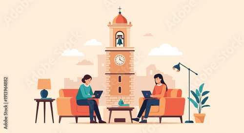 Two individuals work on laptops indoors, with a clock tower in background