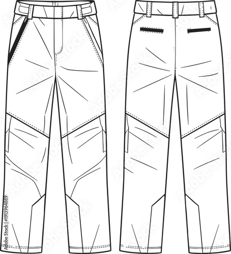 Technical fashion illustration of tactical cargo pants front and back view with reinforced panels pockets belt loops vector line art