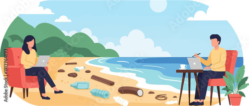 Two individuals work on laptops on a polluted beach with green hills