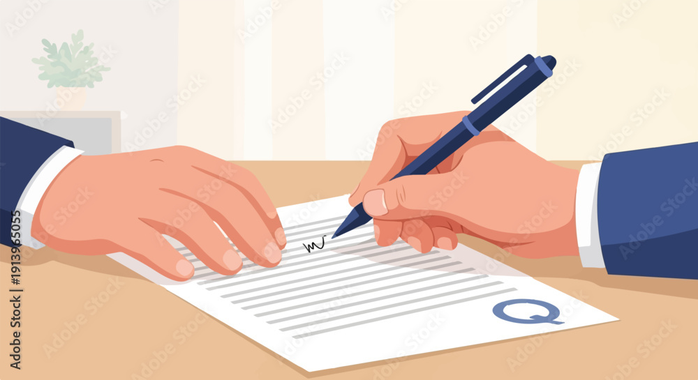 Fototapeta premium Two people in suits signing a document with a pen, with a plant in the background