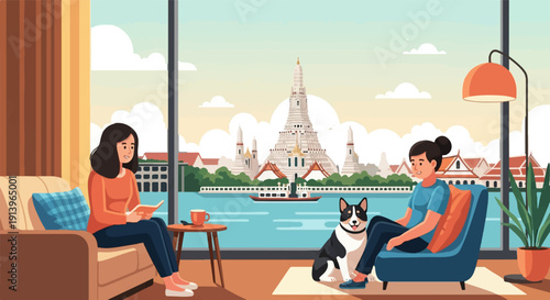 Two people and a dog relax indoors with a scenic city and river view
