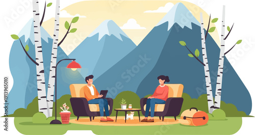 Two people converse in armchairs near birch trees and mountains
