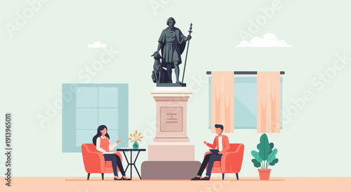 Two people converse in a stylized room with a statue and plants