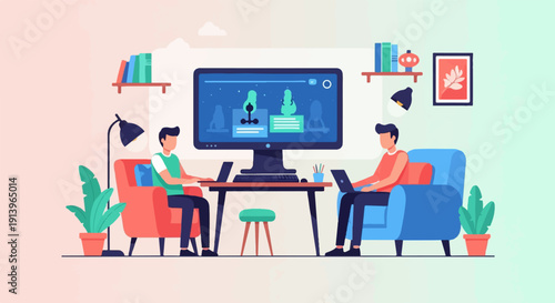 Two individuals working remotely on laptops in a cozy, modern home office