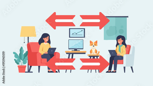 Two individuals working remotely on laptops, with a dog nearby