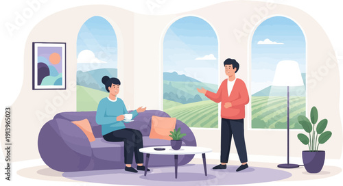 Two people converse indoors with a scenic rural landscape visible through arched windows