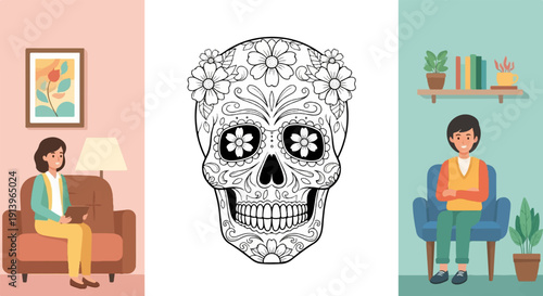 Two people in rooms flanking a decorated skull