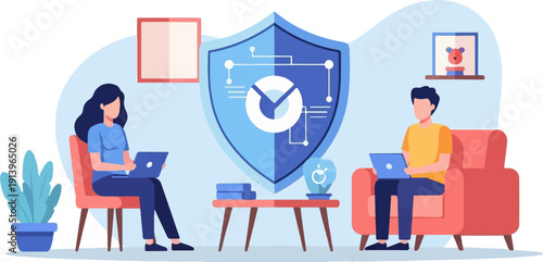 Two individuals working remotely with a shield symbolizing protection and data