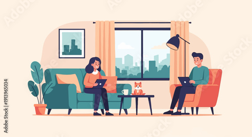 Two people and a dog relax indoors with laptops and a cityscape view
