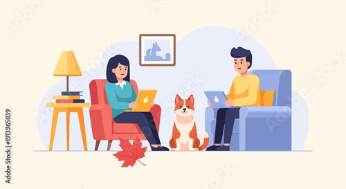 Two people and a dog relax indoors with laptops and autumn leaf