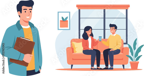 Two people converse on a sofa while another person stands with a clipboard