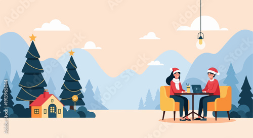 Two people in Santa hats share a laptop at a cafe with Christmas trees and a house