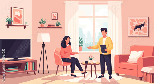 Two people conversing in a cozy living room, with city view