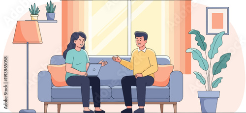 Two people conversing in a living room with a laptop and houseplants