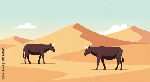 Two large brown animals with white horns stand in a vast desert landscape