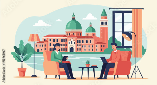 Two people conversing in armchairs with a cityscape and water view