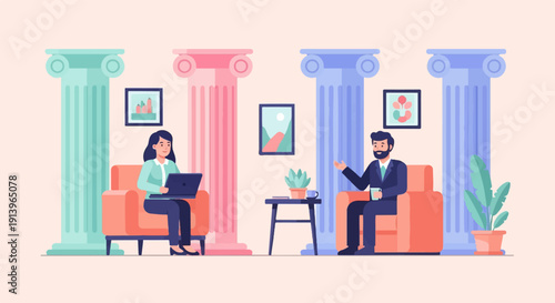 Two people in suits sitting in chairs next to colorful pillars