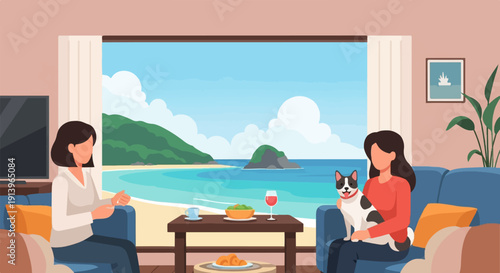 Two people and a dog relax inside by a window with a view of the ocean