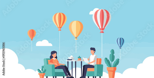 Two people in therapy session with hot air balloons floating in blue sky