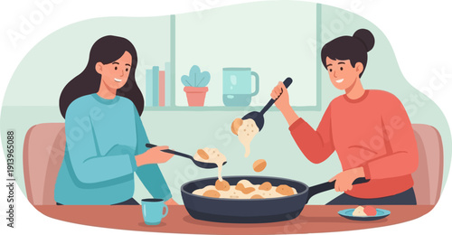Two people cooking together in a kitchen with food in a pan