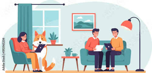 Two men and a woman with a dog on a couch and chair, working on laptops