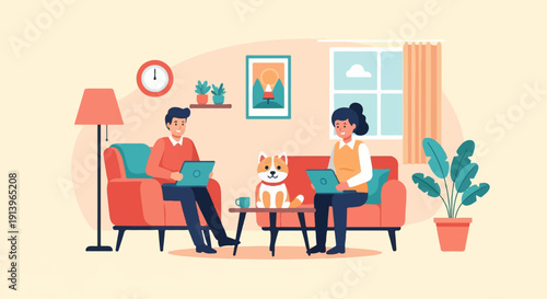 Two people and a dog relax on sofas, using laptops at home