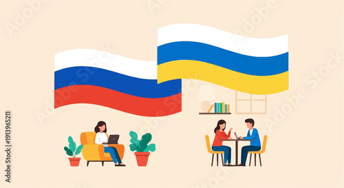 Two people interact while their national flags wave above