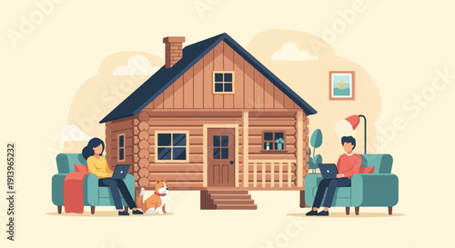 Two people and a dog relax outside a rustic cabin with laptops