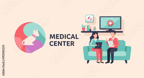 Two people discuss medical services on a couch with a cat logo and television