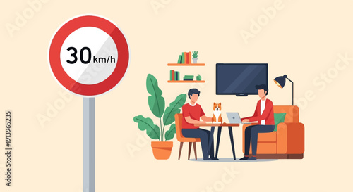 Two men and dog working at home with speed limit sign