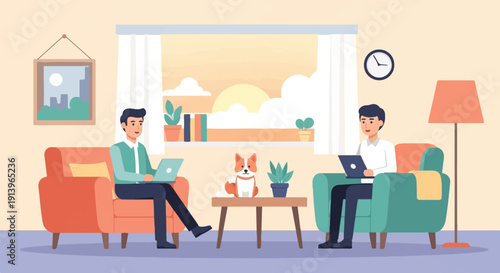 Two men and dog working remotely in a cozy living room at sunset