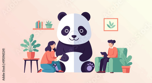 Two people interact with a large stuffed panda in a cozy room with plants