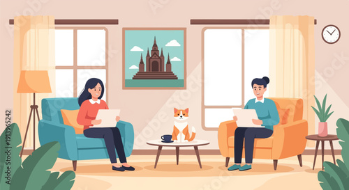 Two people and a dog relaxing in a cozy living room with a painting