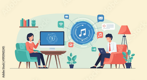 Two people interact with digital networks displaying music and financial symbols
