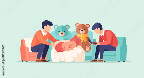 Two men and two teddy bears watch over a sleeping baby on a couch