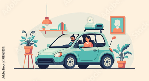 Two people drive a teal car inside a room with plants and decor