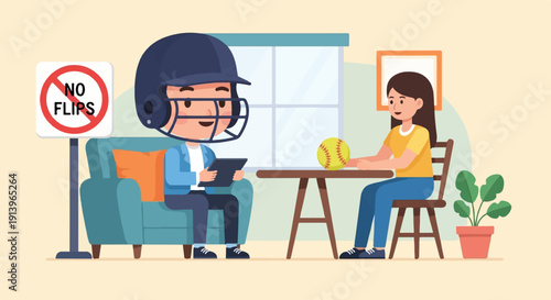 Two people discussing sports, with a "no flips" sign and a softball