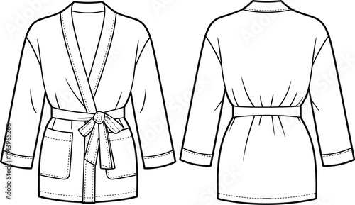 Technical fashion illustration of women kimono style bathrobe front and back view with waist belt pockets long sleeve vector line art