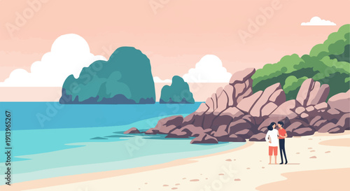 Two people embrace on a tranquil beach with rocky cliffs, tropical islands and soft clouds