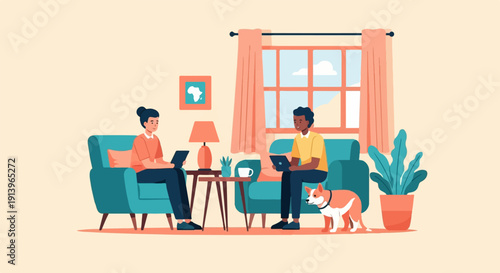 Two people and a dog relaxing in a living room with laptops and plants