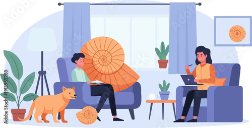 Two people and a dog relaxing in a room with fossil decor