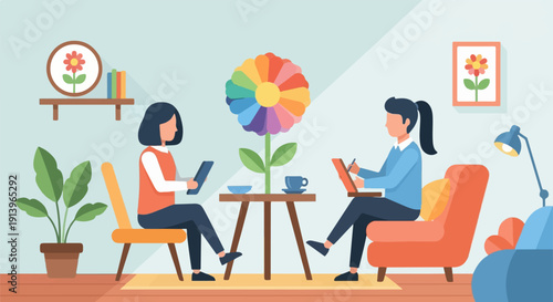 Two people interacting in a living room with a colorful flower