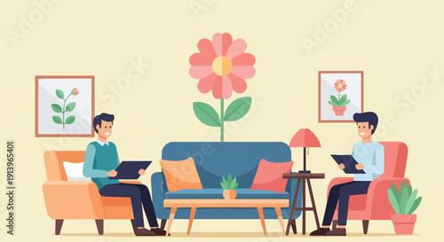 Two men in comfortable chairs talking in a bright room with art