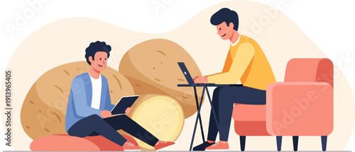 Two men in casual attire work on devices against a backdrop of large potatoes