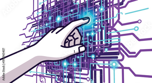 A hand interacting with a futuristic circuit board interface with glowing blue connections and wires from a close-up viewpoint