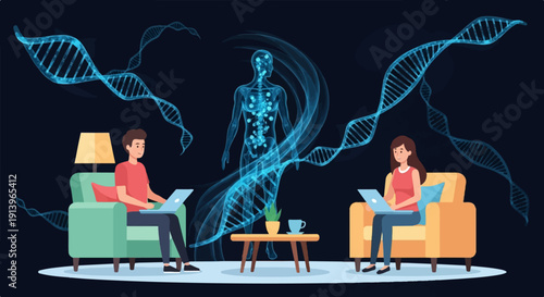 Two people learning about genetics on laptops, surrounded by DNA strands