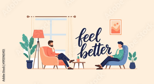 Two men in cozy armchairs, one speaking, in a bright room